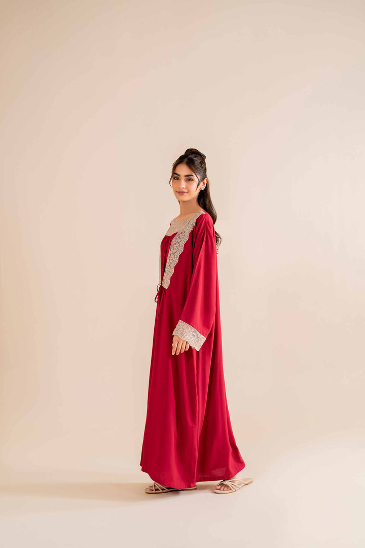 2 Piece Embroidered Red Linen Embroidered Loungewear