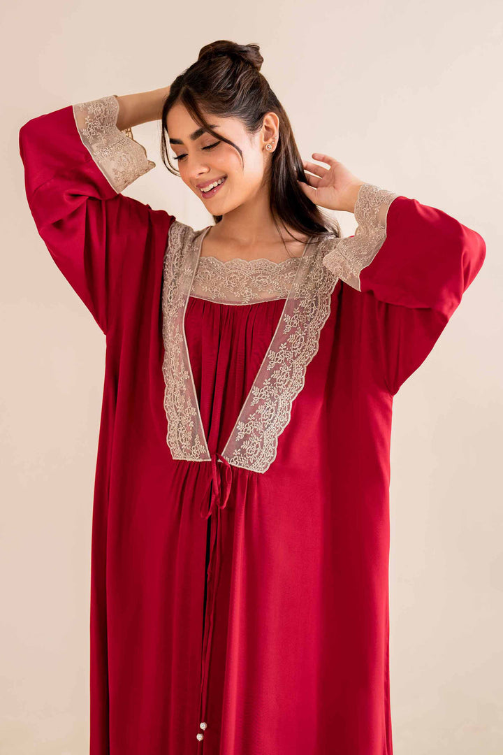 2 Piece Embroidered Red Linen Embroidered Loungewear