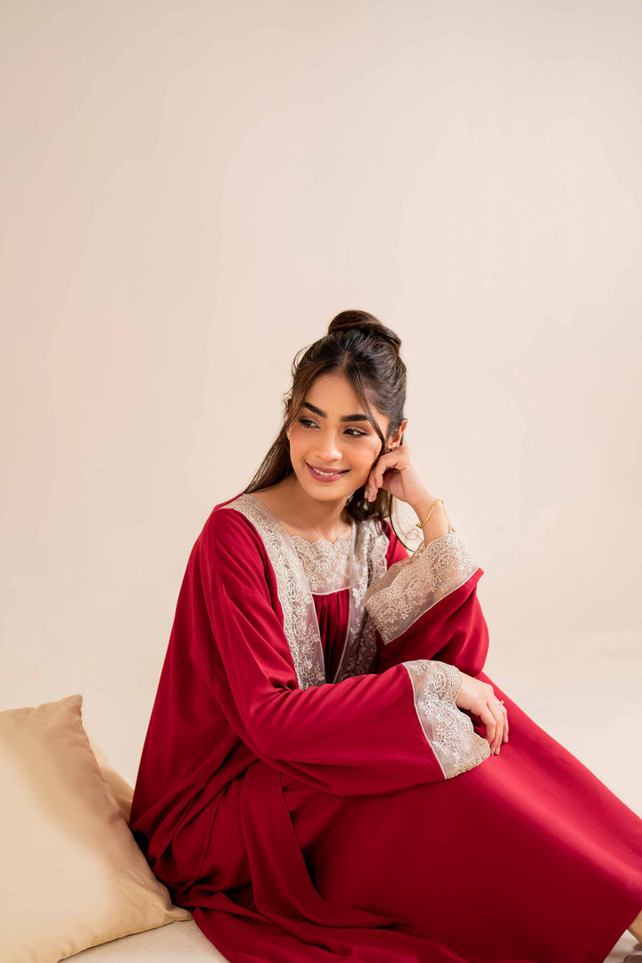 2 Piece Embroidered Red Linen Embroidered Loungewear