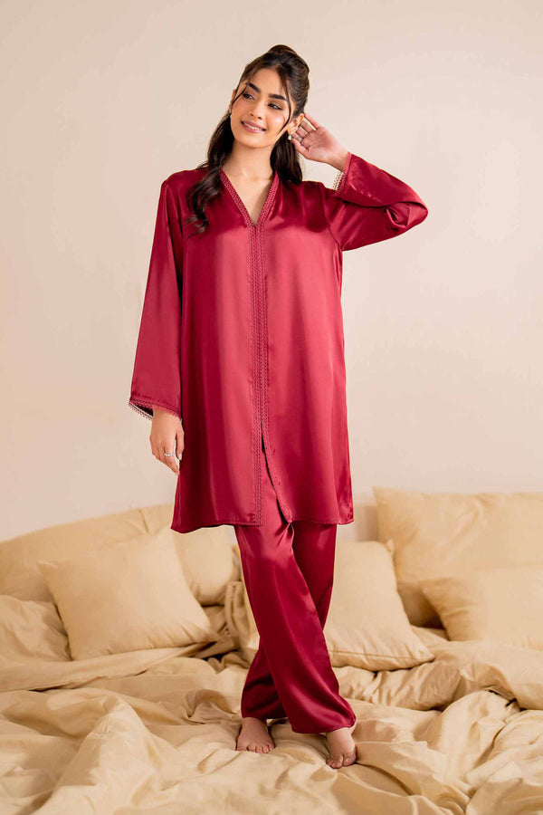 2 Piece Maroon Silk Basic Loungewear