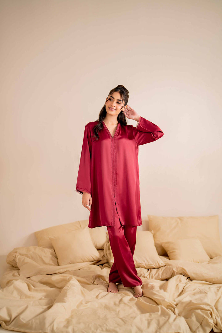 2 Piece Maroon Silk Basic Loungewear