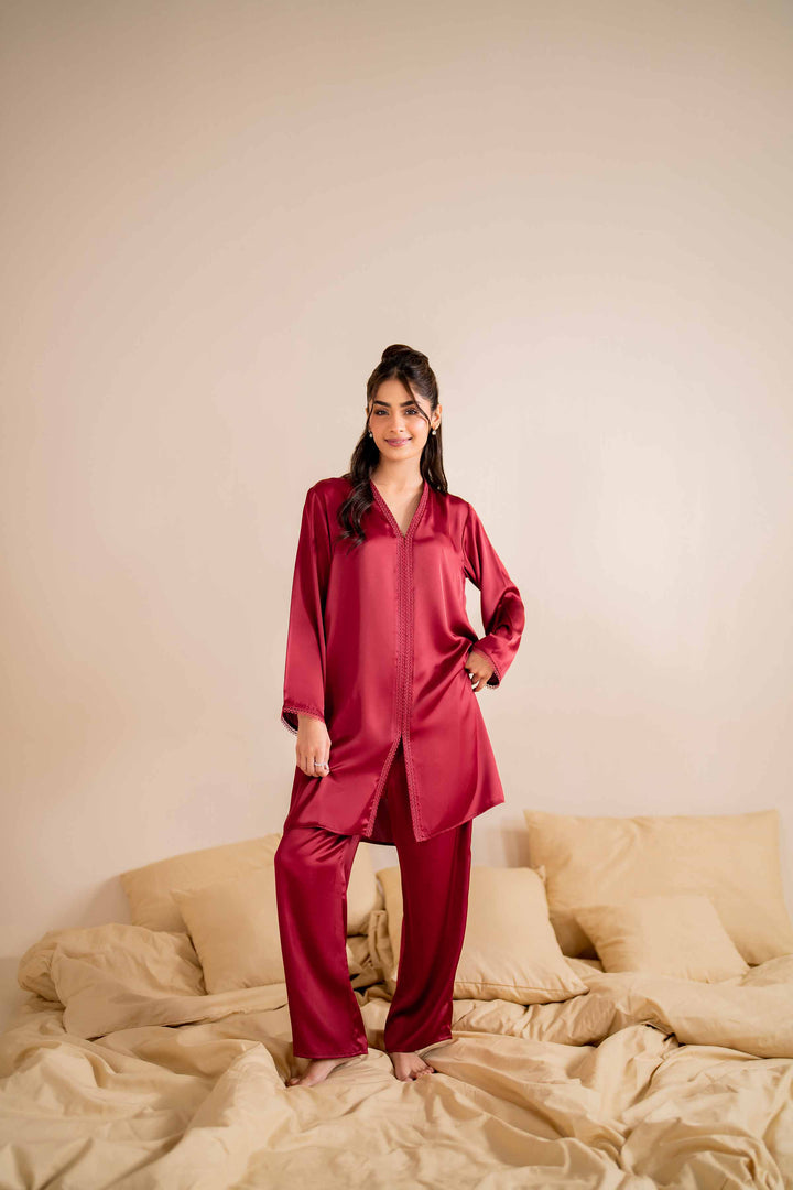 2 Piece Maroon Silk Basic Loungewear