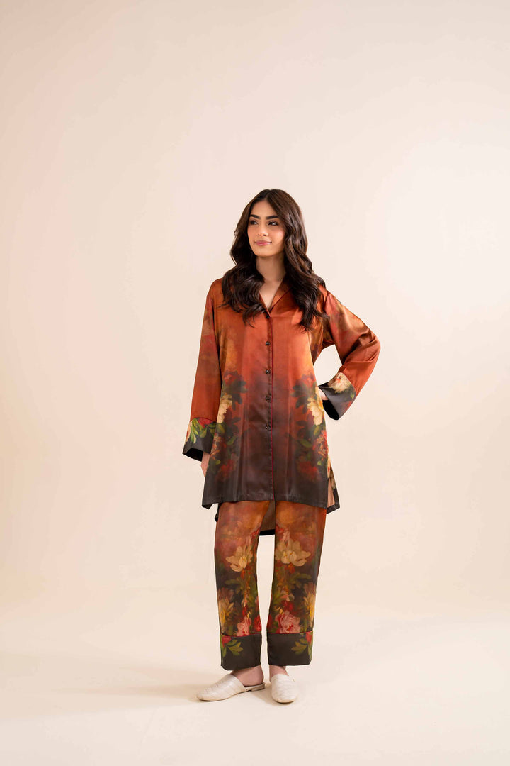 2 Piece Printed Brown Silk Printed Loungewear