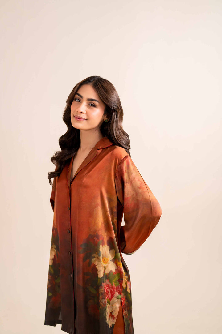 2 Piece Printed Brown Silk Printed Loungewear