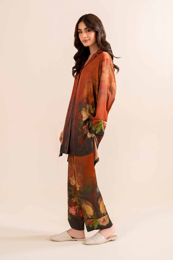 2 Piece Printed Brown Silk Printed Loungewear