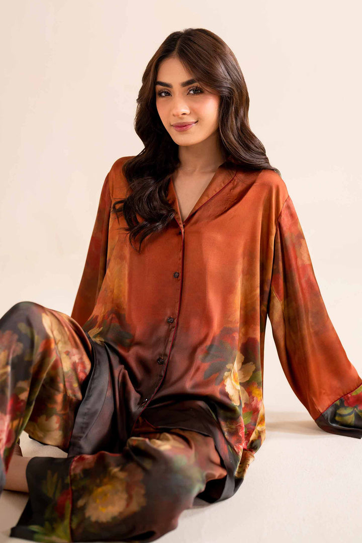 2 Piece Printed Brown Silk Printed Loungewear