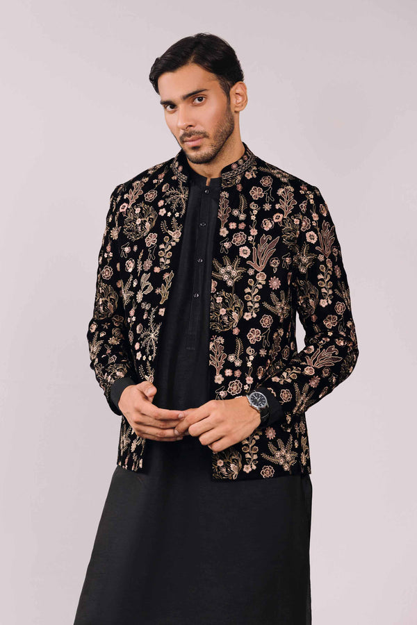 Black Velvet Embroidered Winter Men Jacket