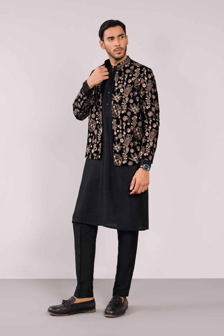 Black Velvet Embroidered Winter Men Jacket