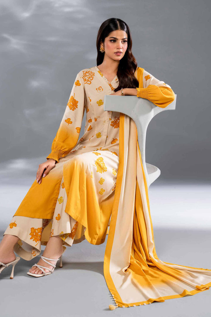 3 Piece Beige Printed Linen Suit