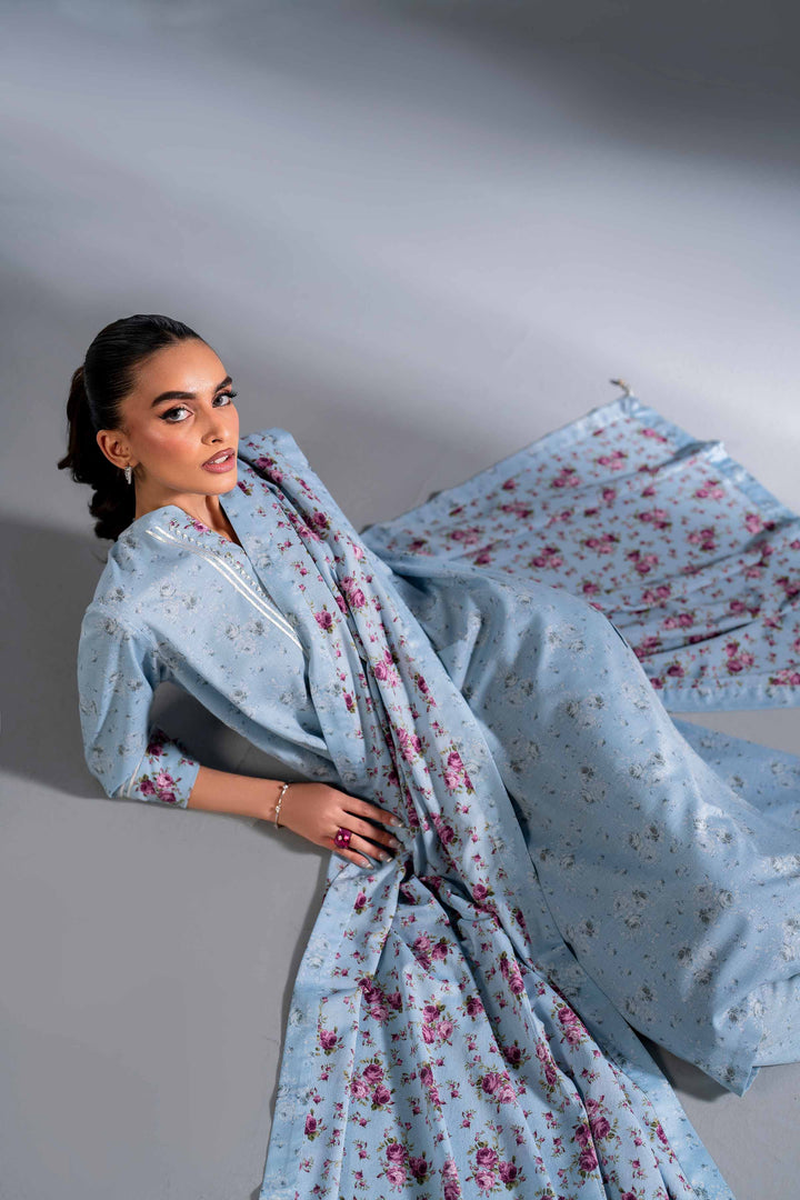 3 Piece Sky Blue Printed Karandi Winter Suit