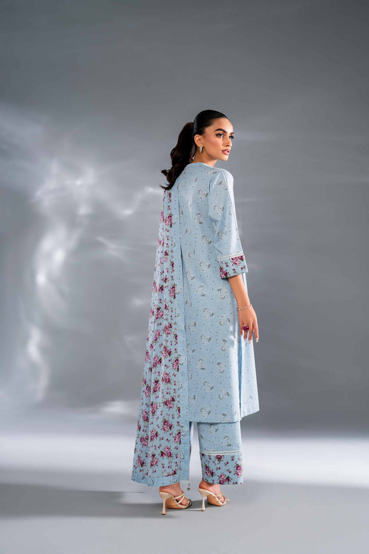 3 Piece Sky Blue Printed Karandi Winter Suit