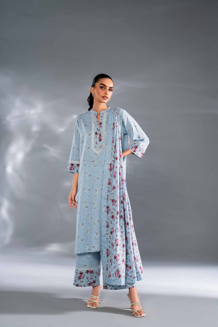 3 Piece Sky Blue Printed Karandi Winter Suit