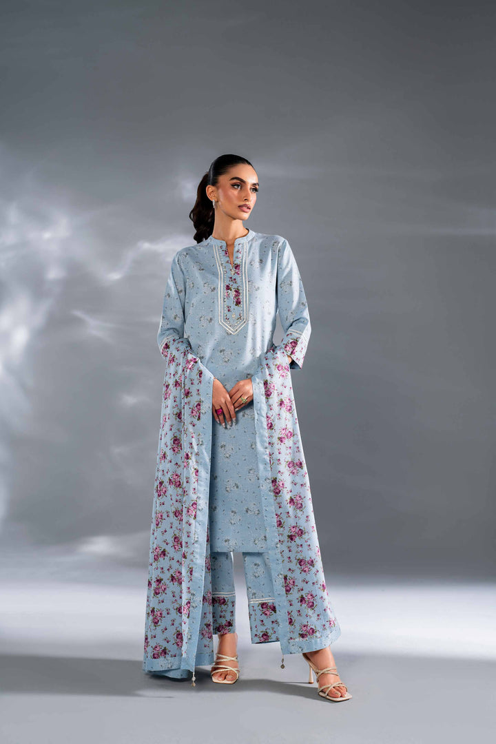 3 Piece Sky Blue Printed Karandi Winter Suit