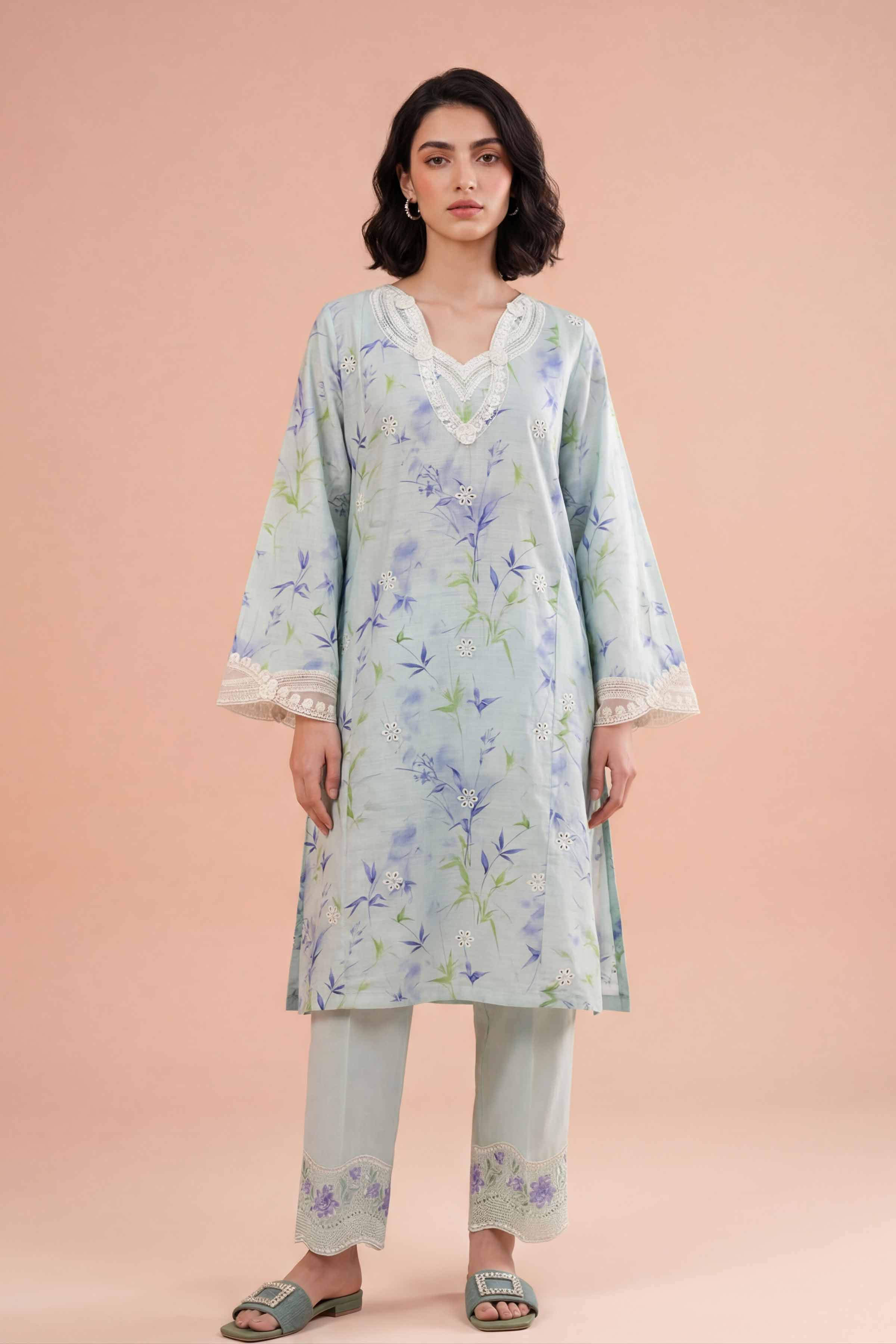 2 Piece - Printed Embroidered Suit - PE26-227