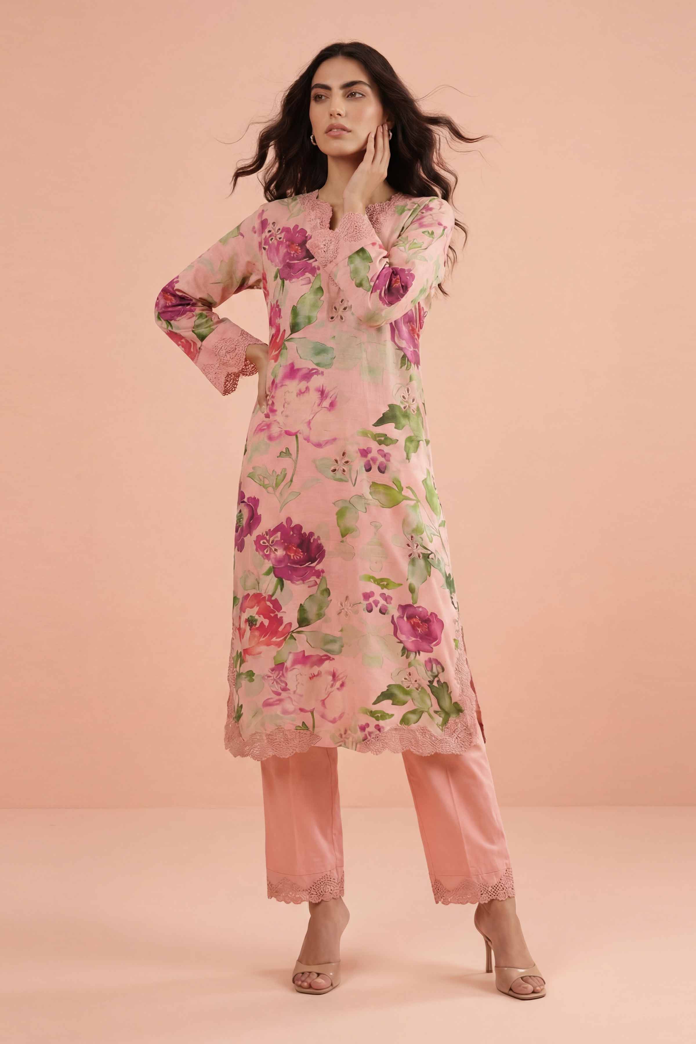 2 Piece - Printed Embroidered Suit - PE26-228