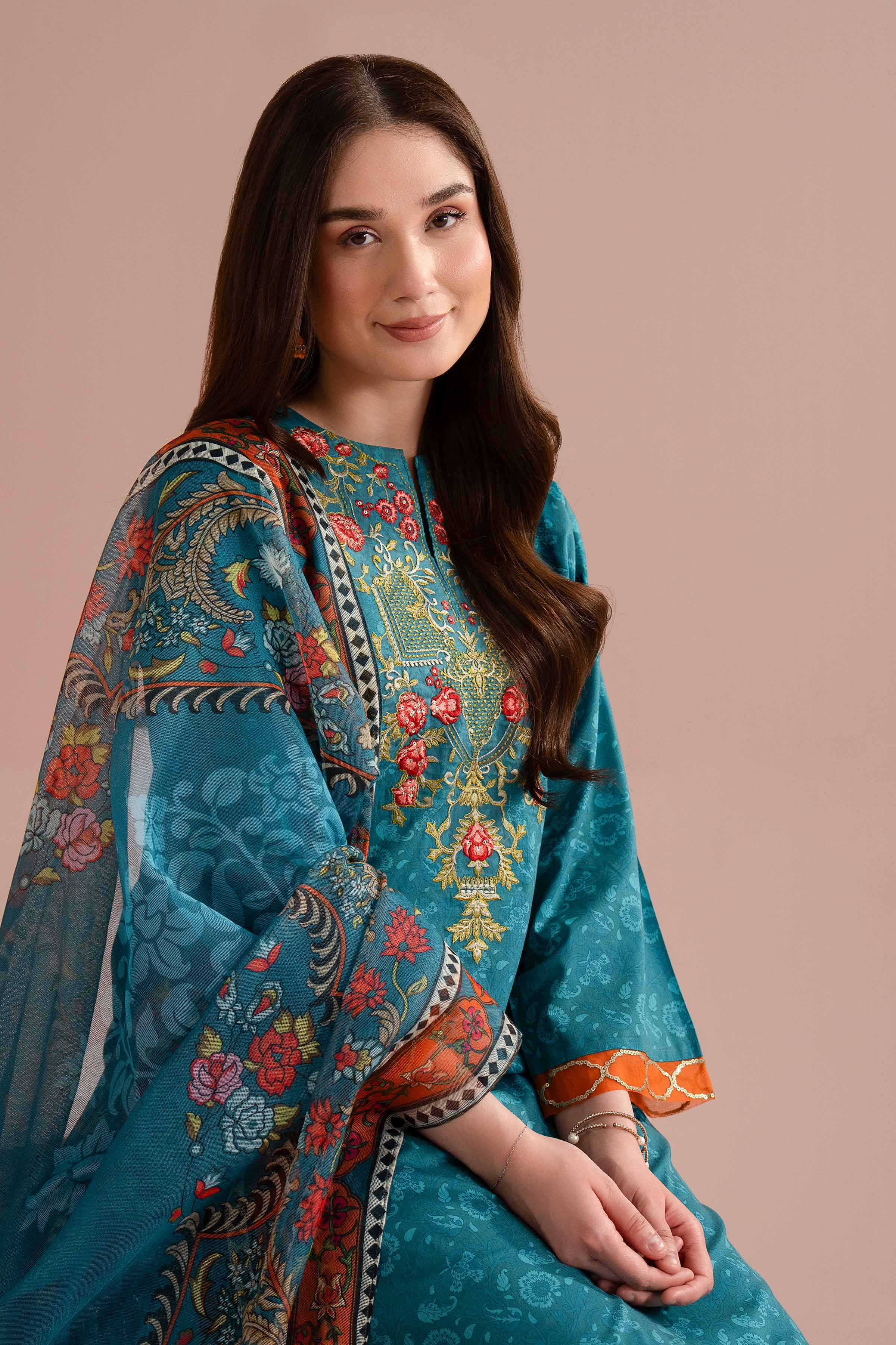 3 Piece - Printed Embroidered Suit - PE26-328