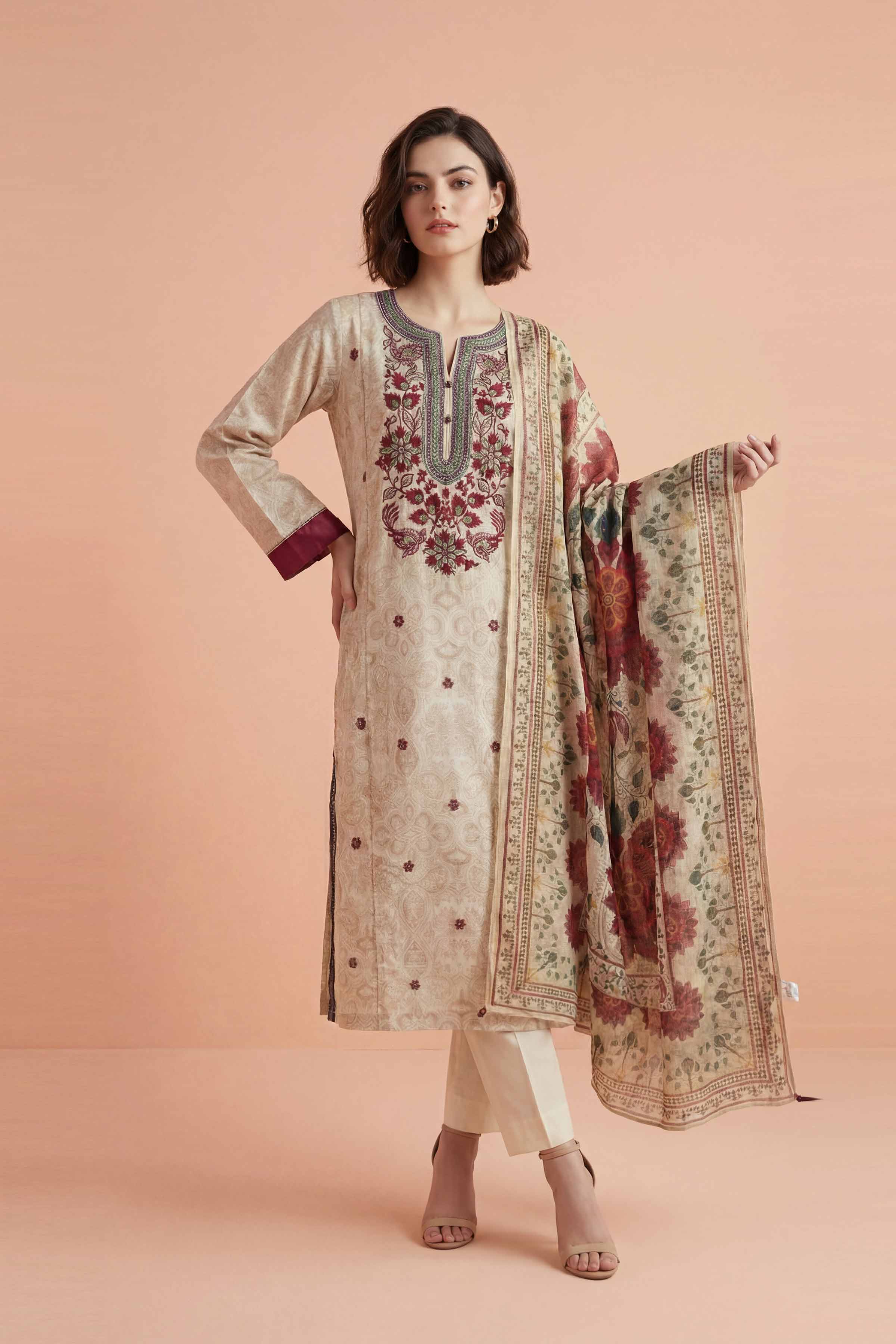3 Piece - Printed Embroidered Suit - PE26-331