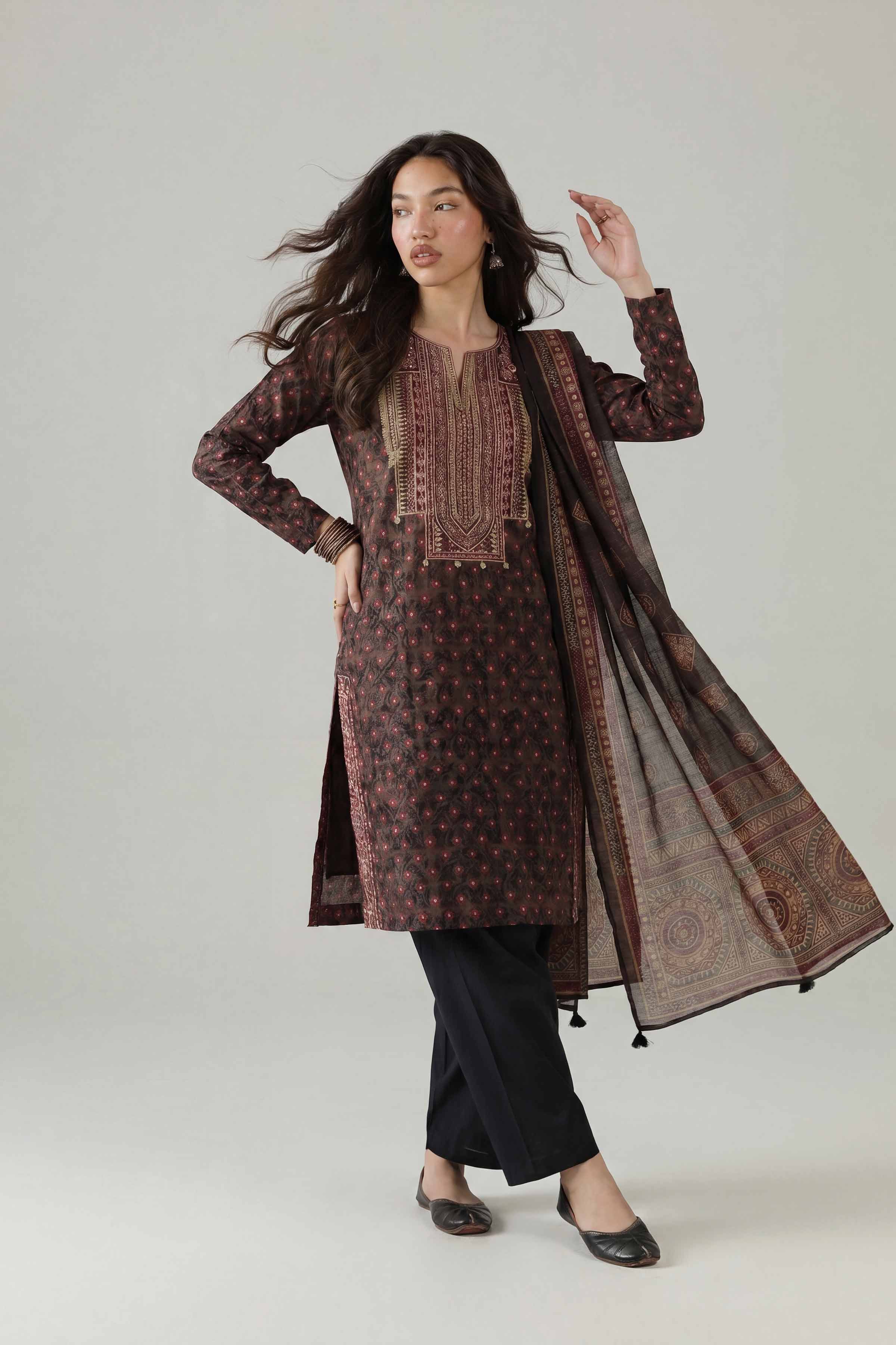 3 Piece - Printed Embroidered Suit - PE26-333