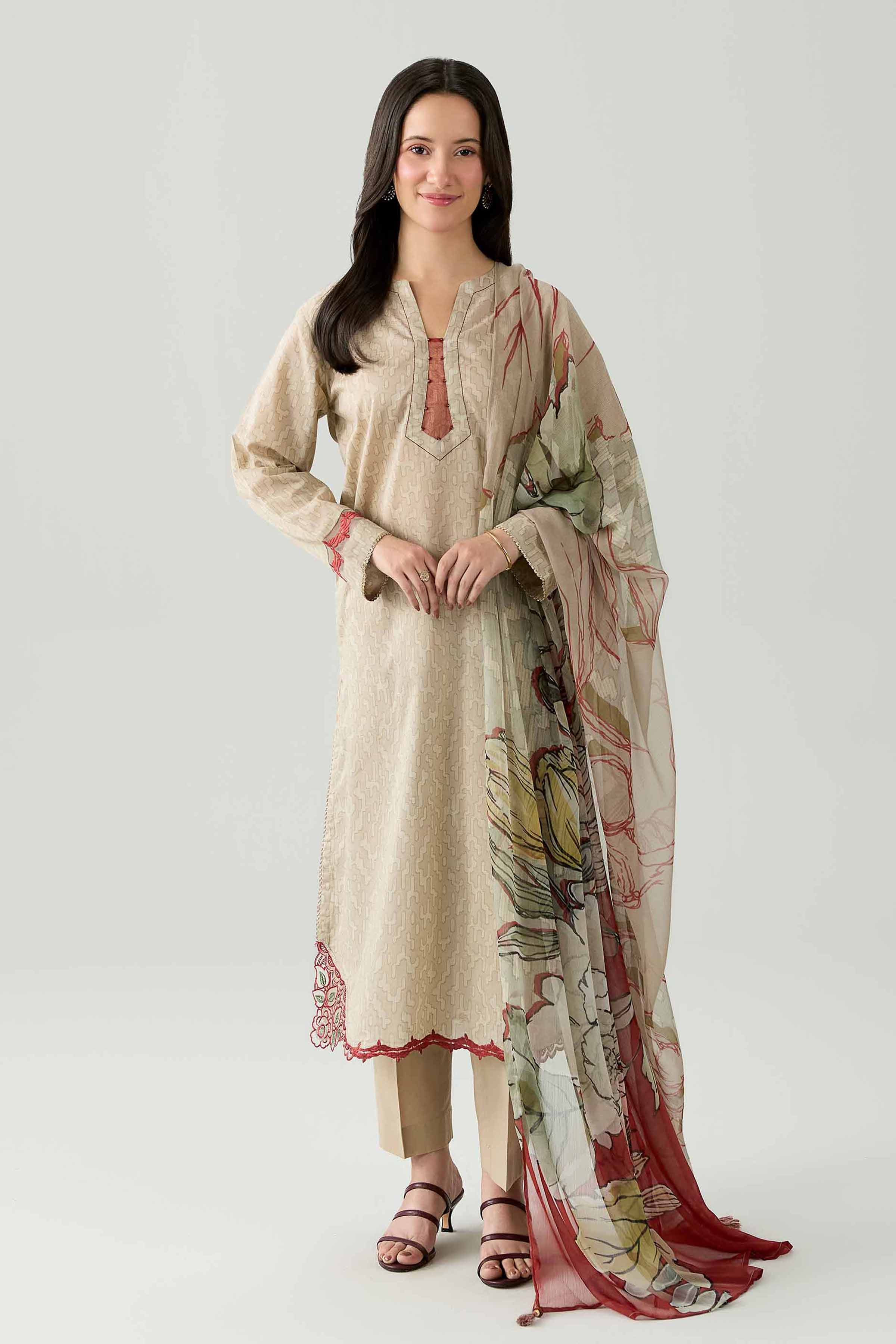 3 Piece - Printed Embroidered Suit - PE26-340