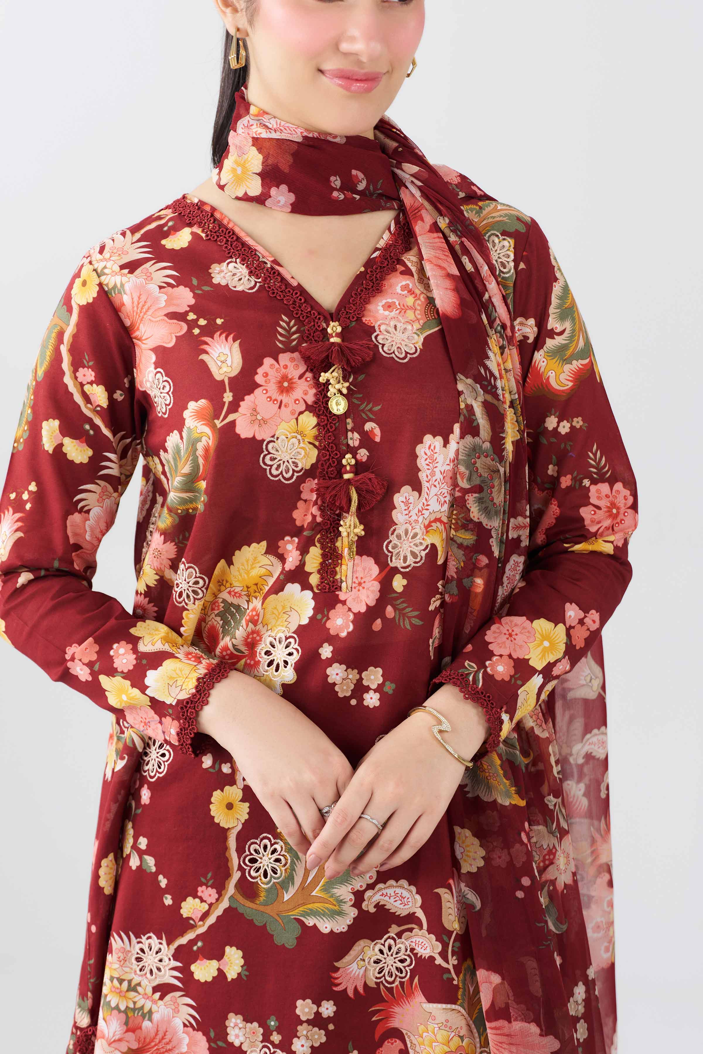 3 Piece - Printed Embroidered Suit - PE26-496