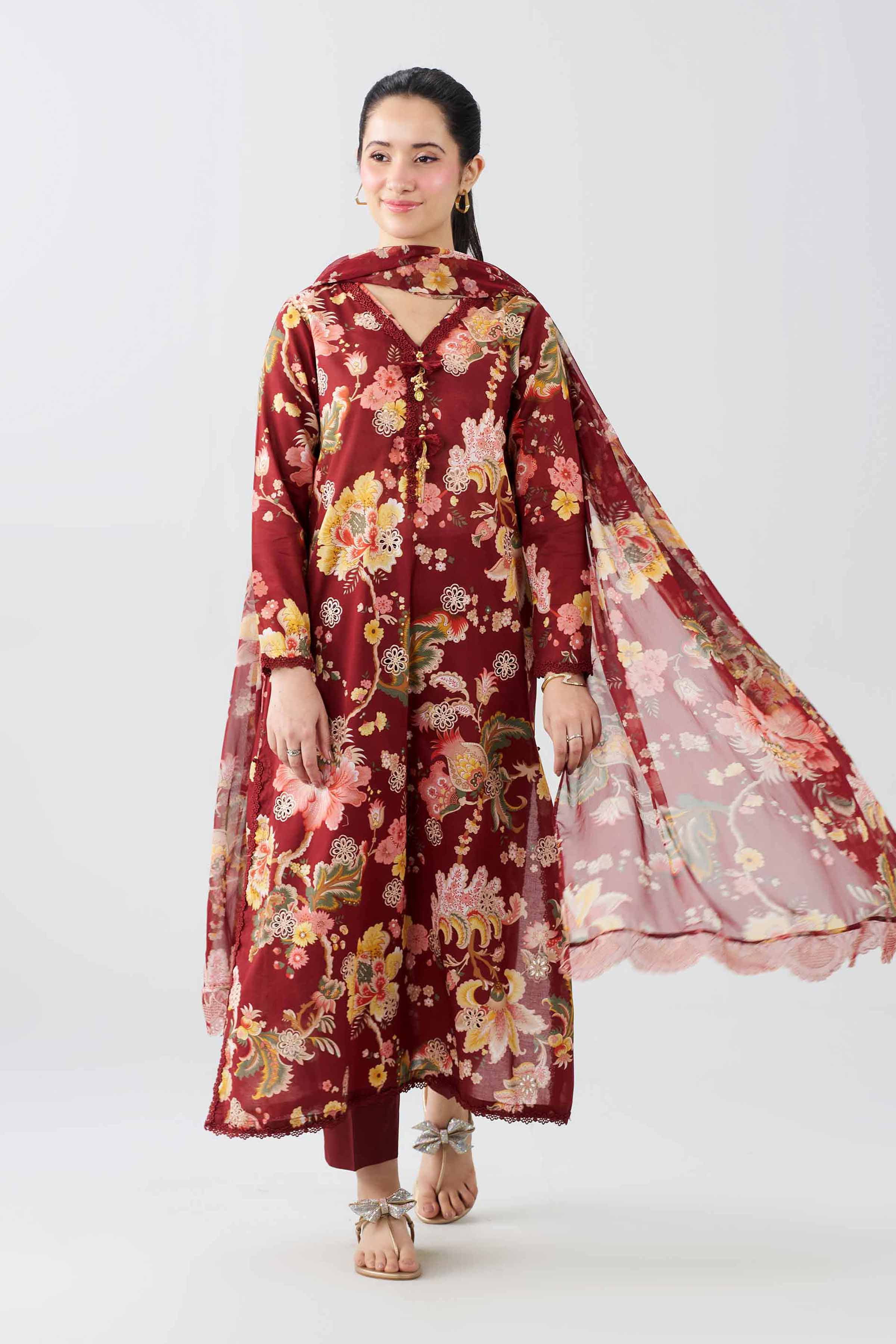 3 Piece - Printed Embroidered Suit - PE26-496