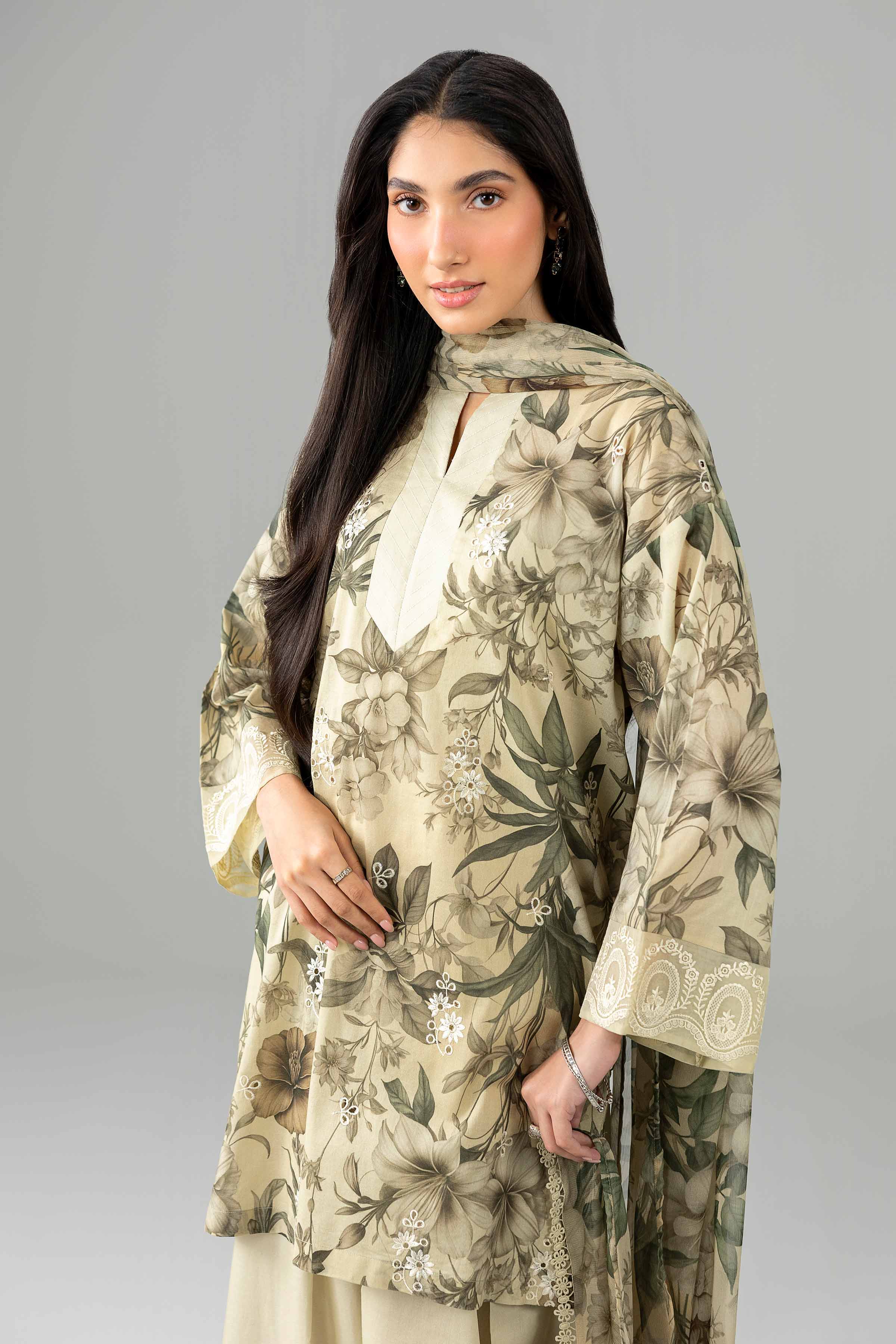 3 Piece - Printed Embroidered Suit - PE26-497