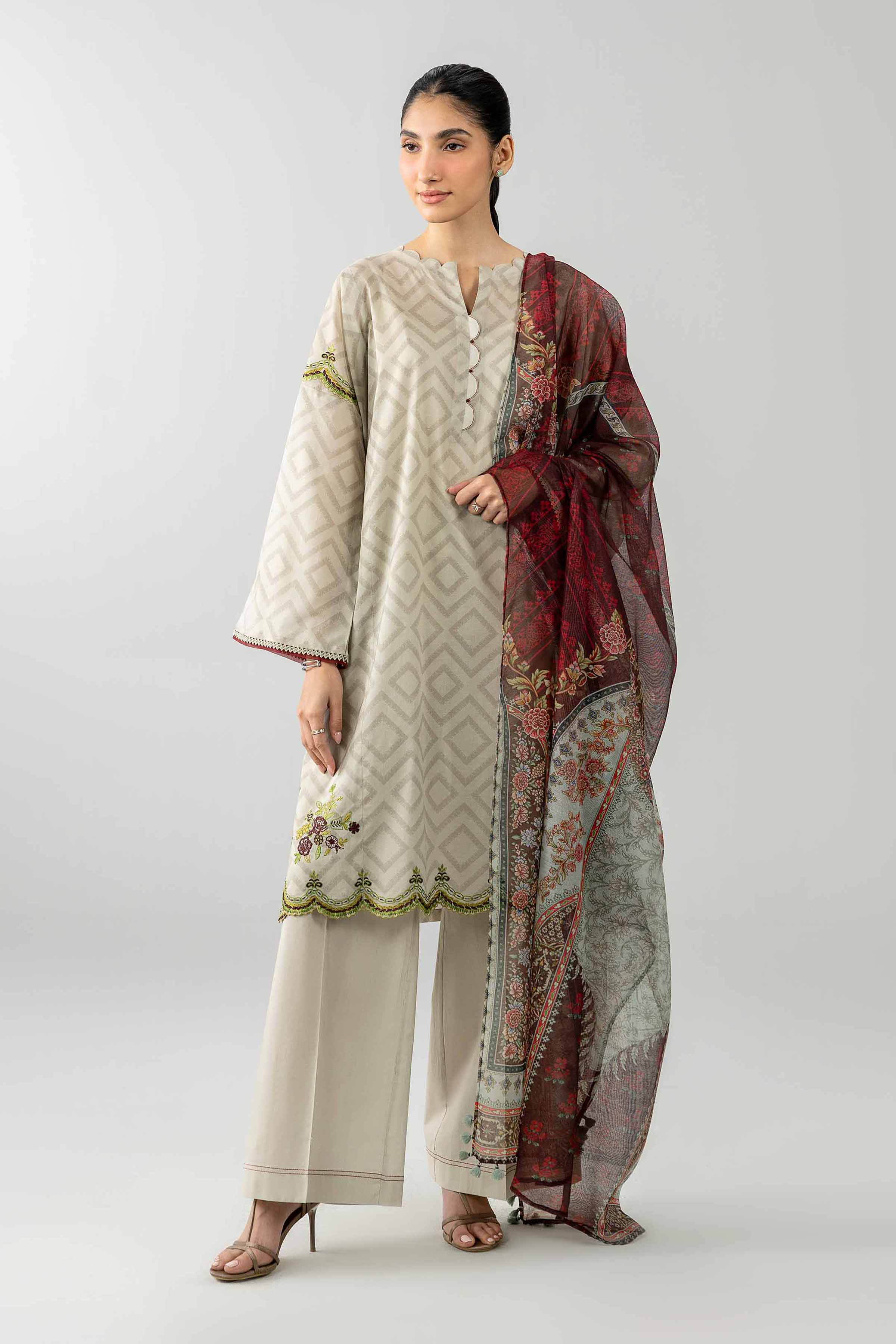 3 Piece - Printed Embroidered Suit - PE26-502