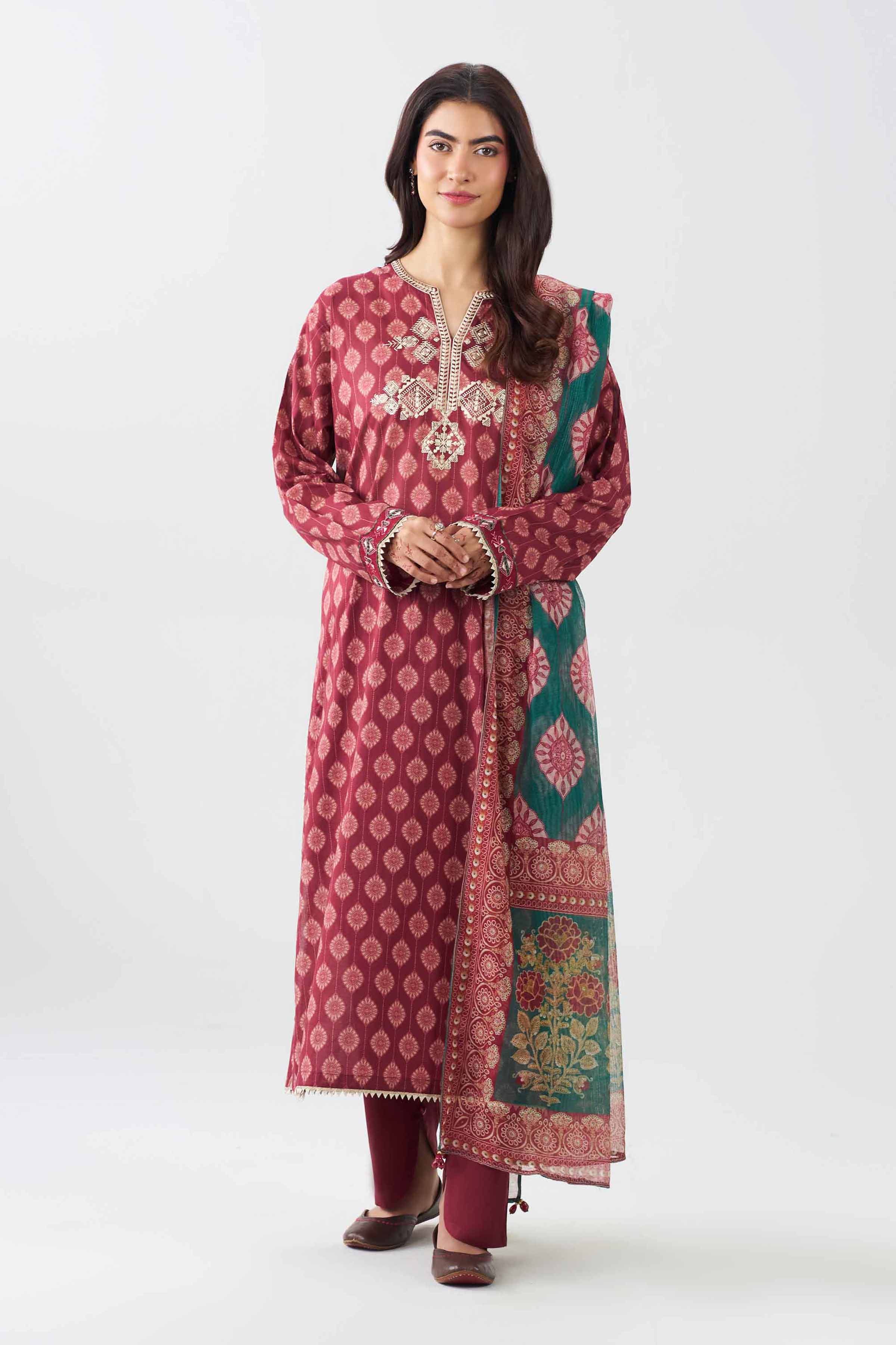 3 Piece - Printed Embroidered Suit - PE26-505