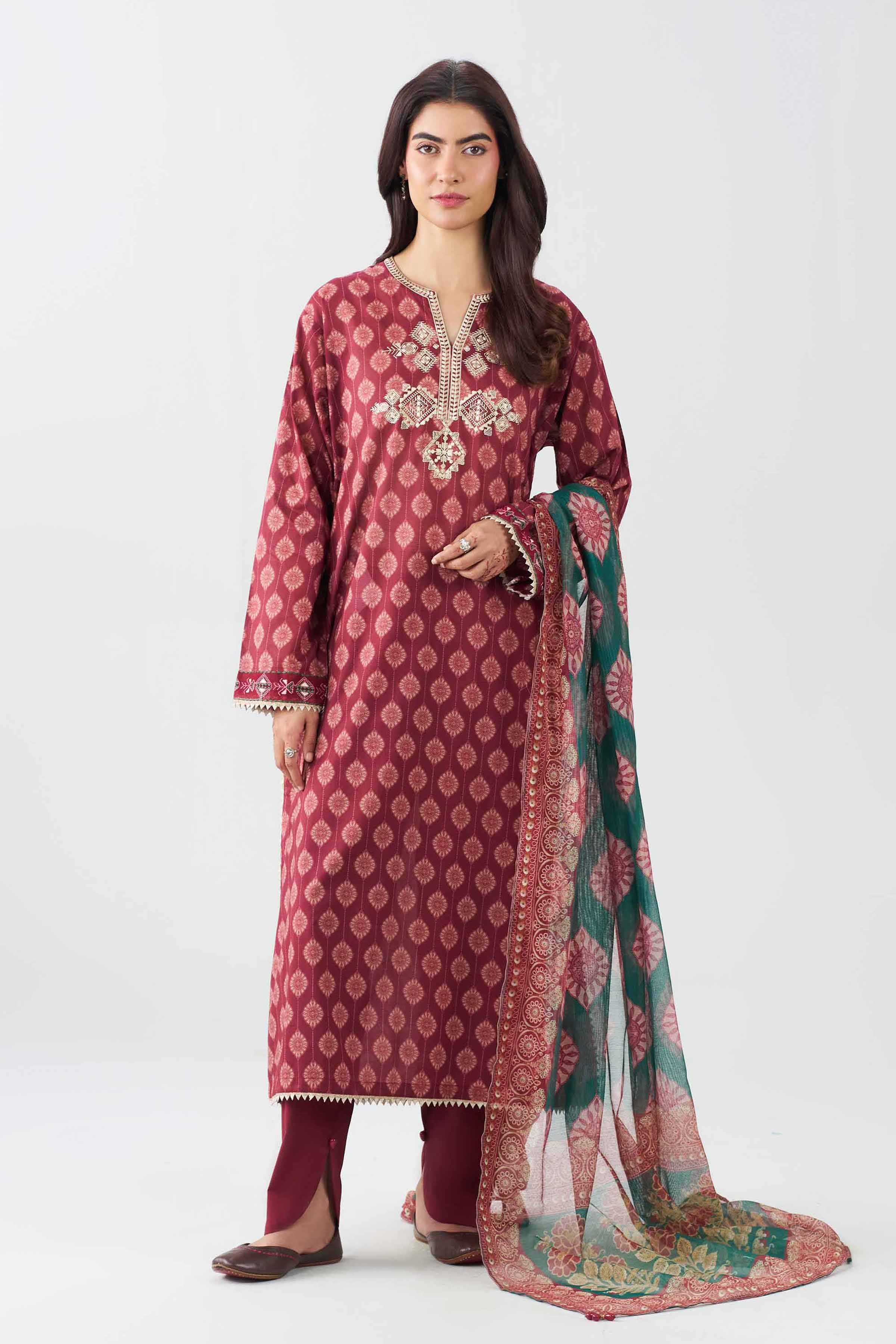 3 Piece - Printed Embroidered Suit - PE26-505