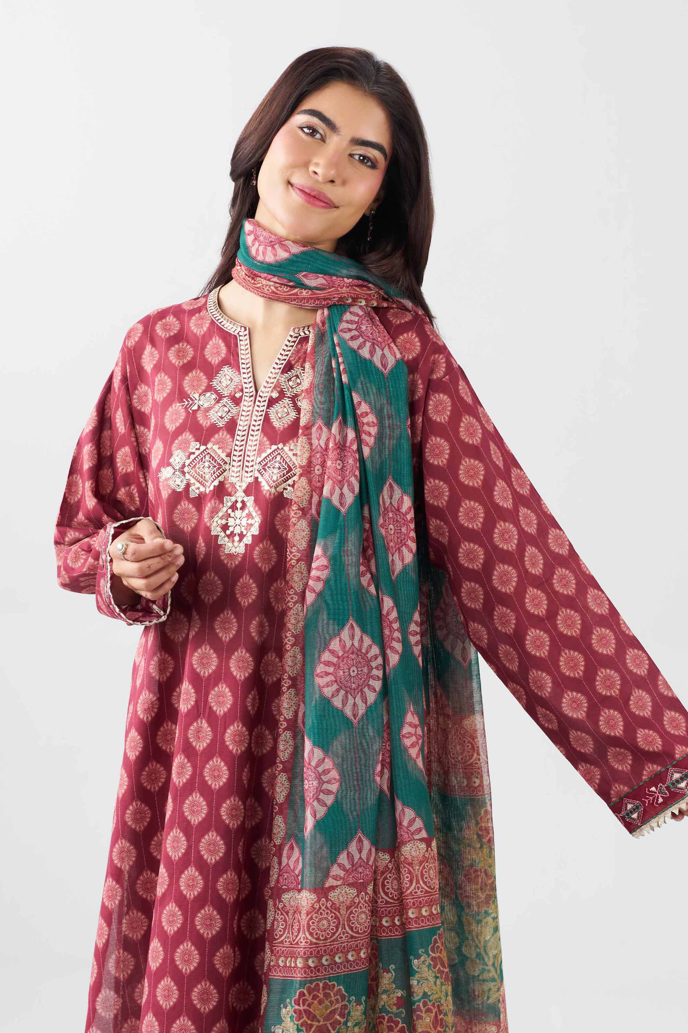 3 Piece - Printed Embroidered Suit - PE26-505