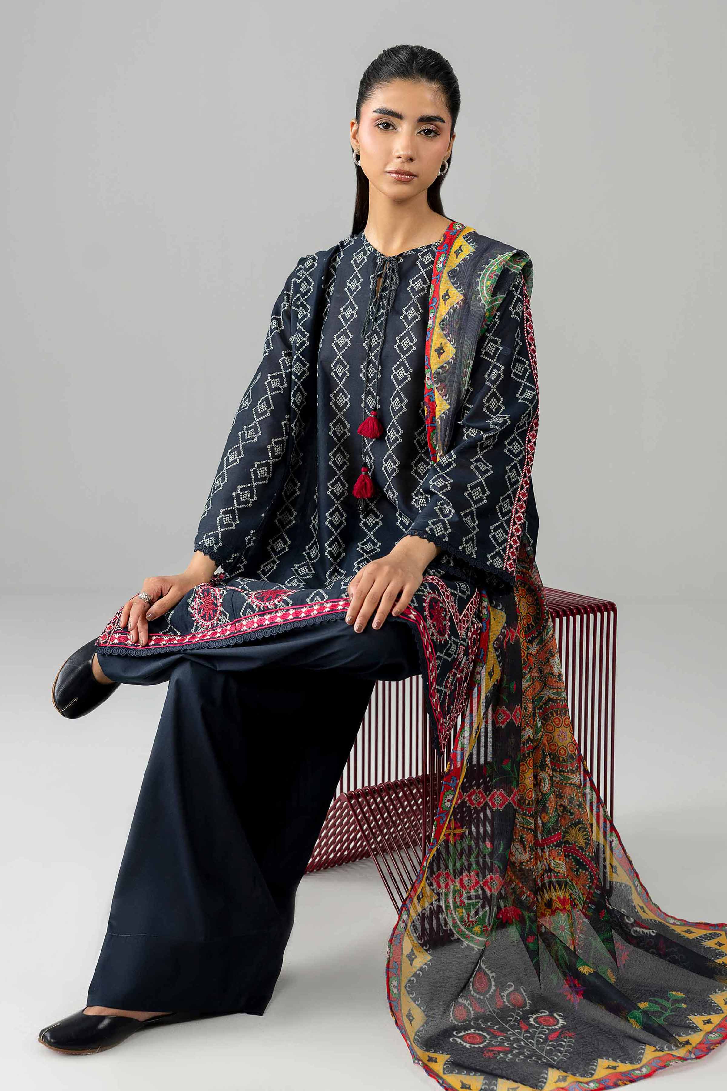 3 Piece - Printed Embroidered Suit - PE26-506