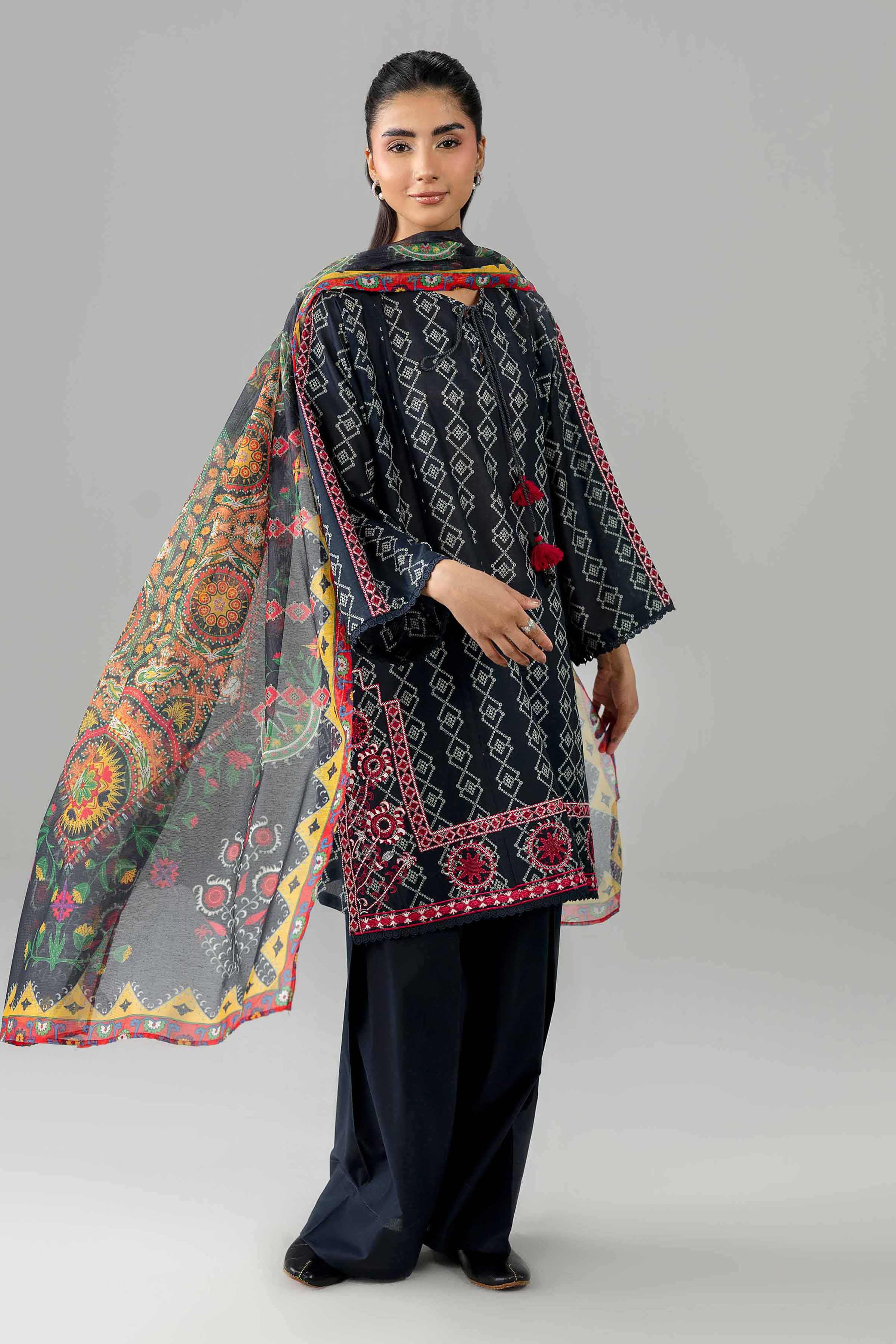3 Piece - Printed Embroidered Suit - PE26-506