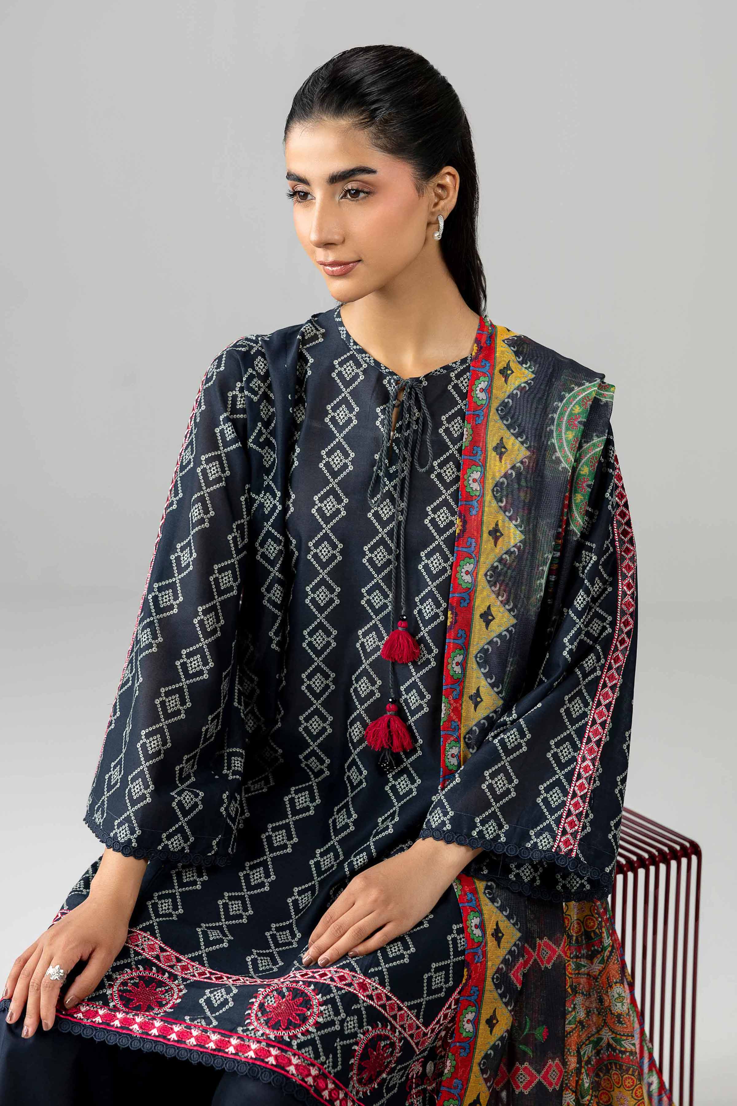 3 Piece - Printed Embroidered Suit - PE26-506