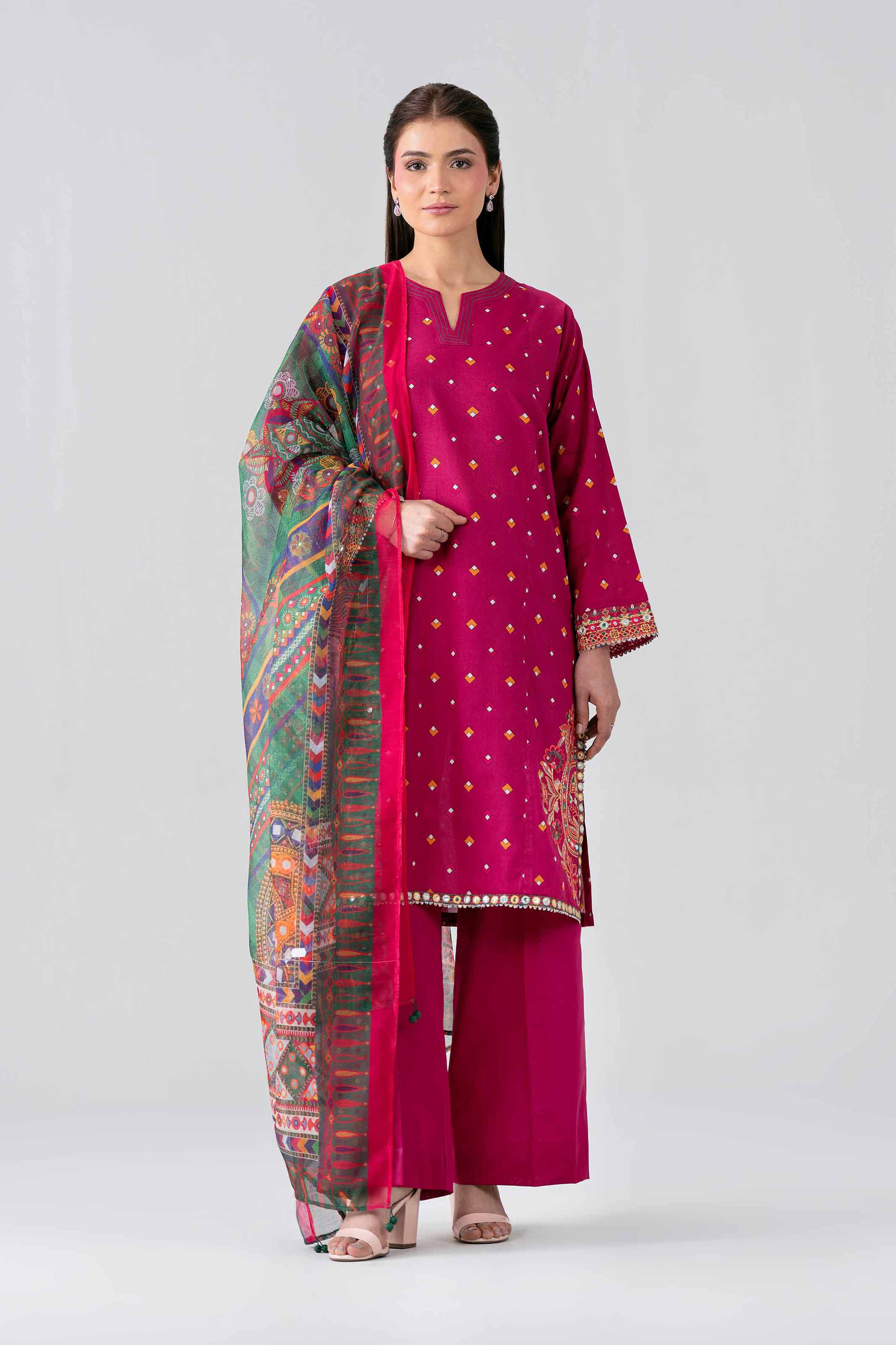 3 Piece - Printed Embroidered Suit - PE26-507