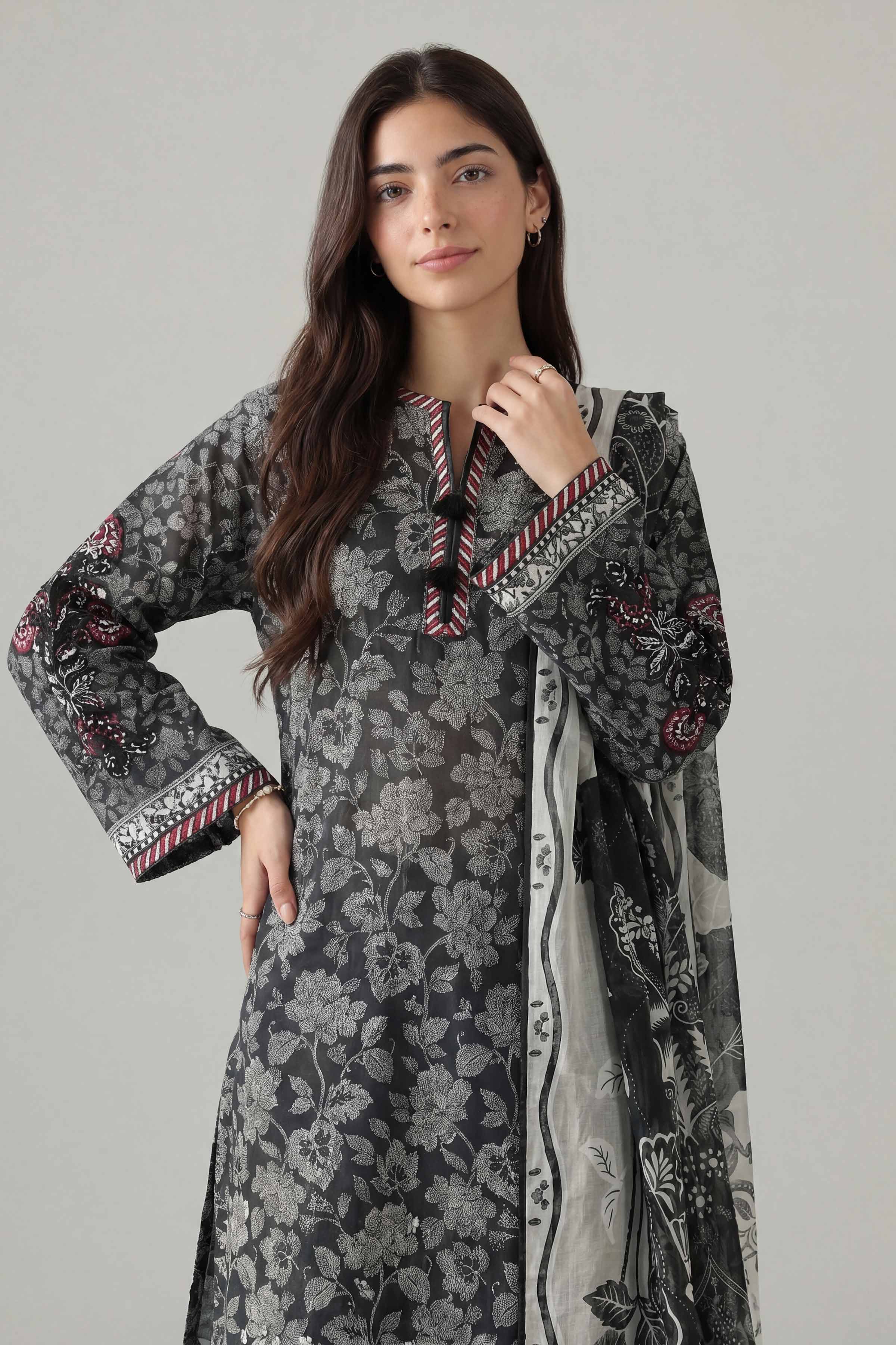 3 Piece - Printed Embroidered Suit - PMS26-04