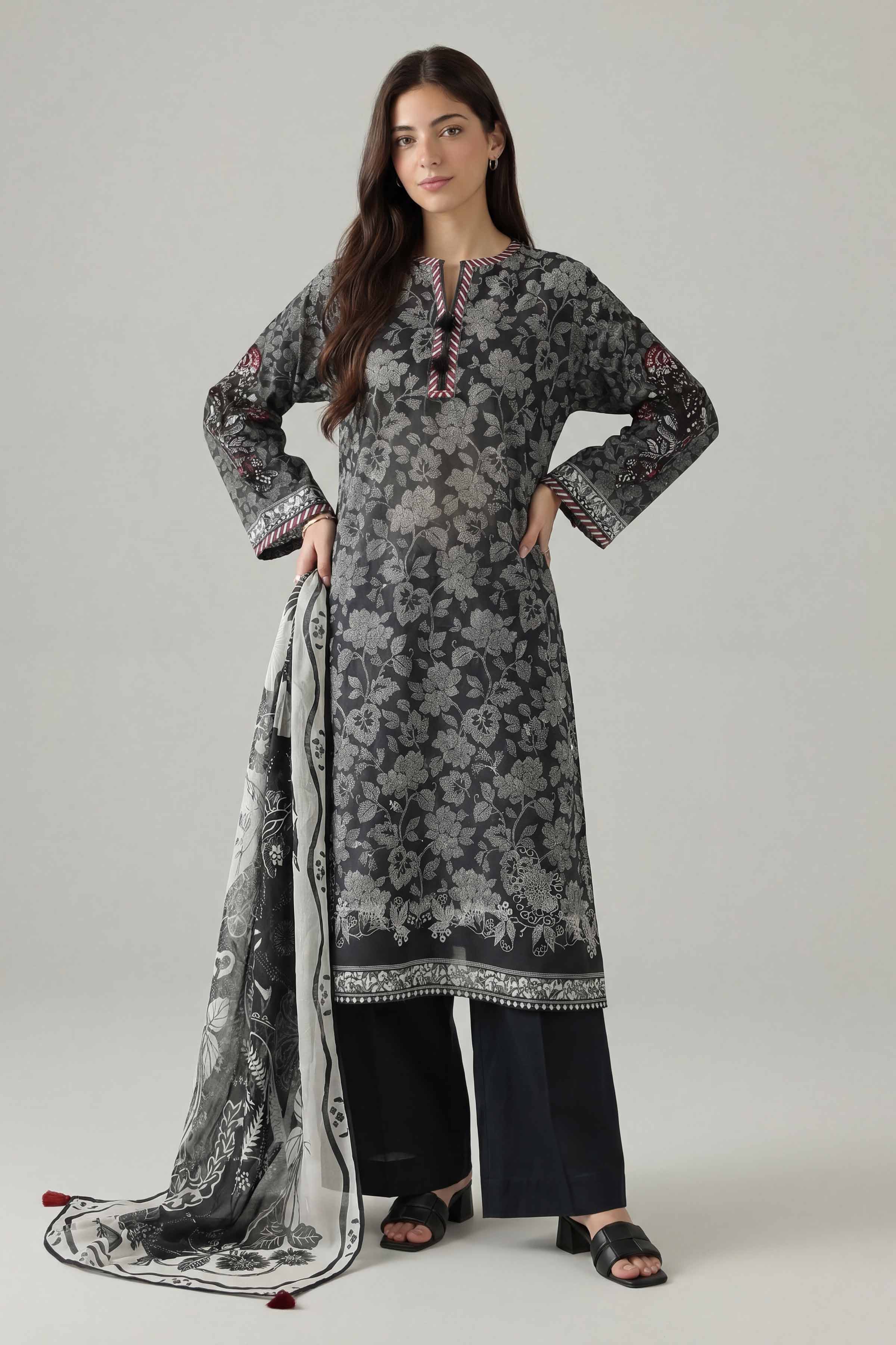 3 Piece - Printed Embroidered Suit - PMS26-04
