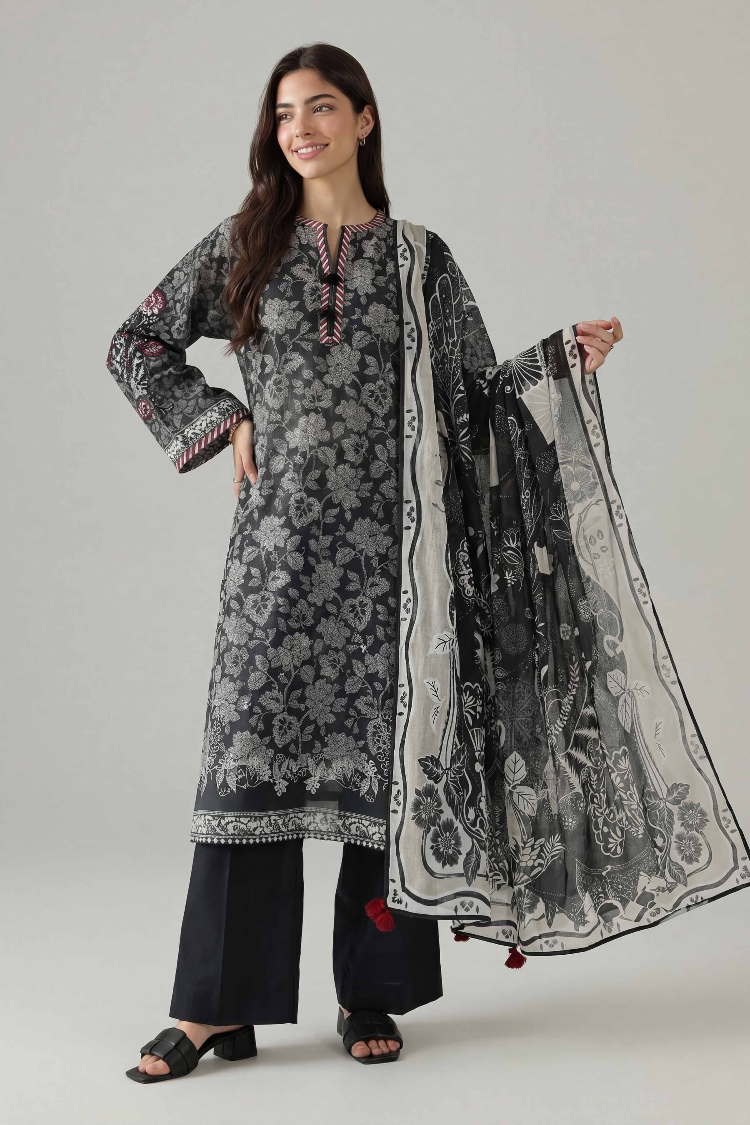 3 Piece - Printed Embroidered Suit - PMS26-04