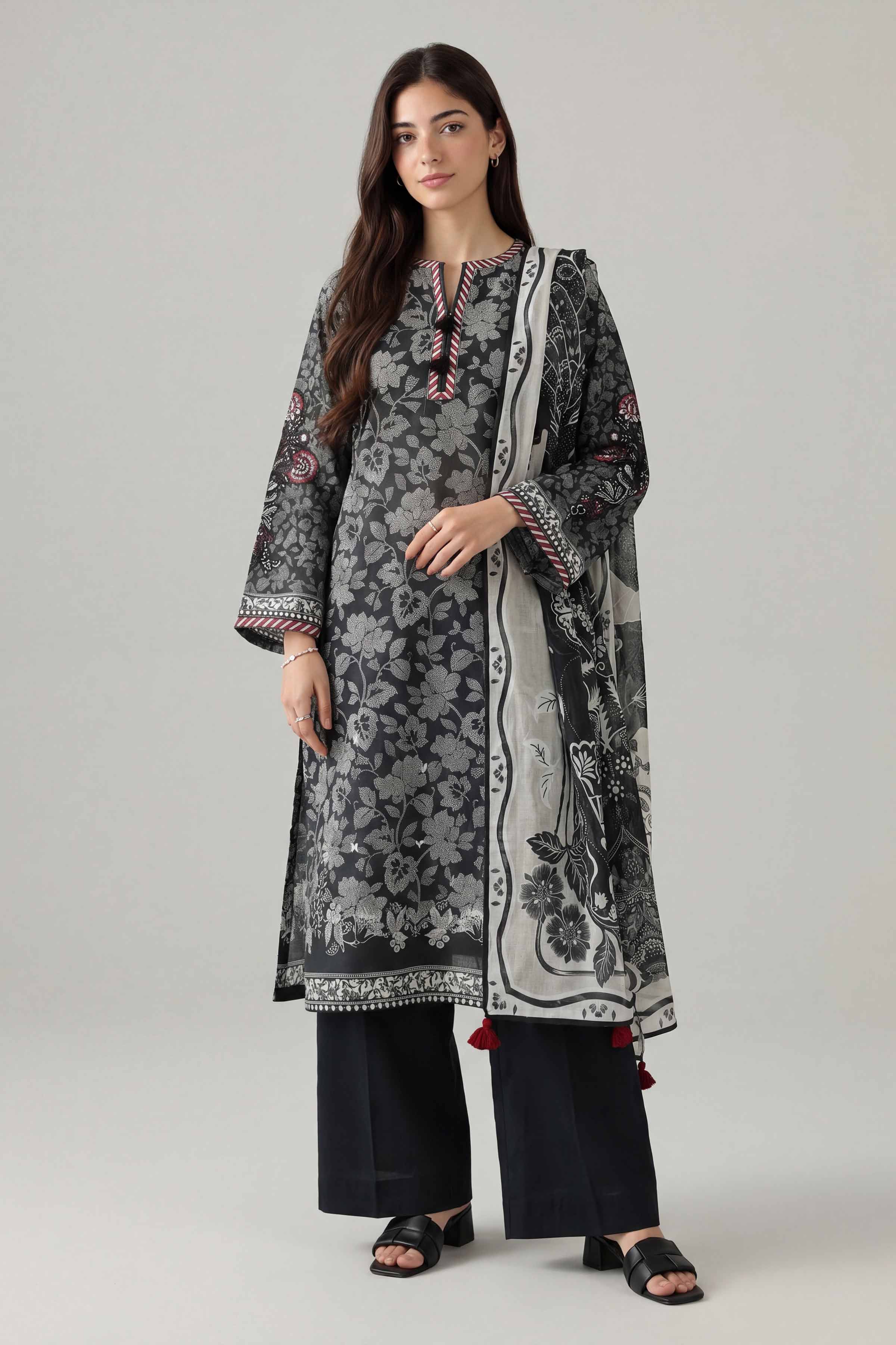 3 Piece - Printed Embroidered Suit - PMS26-04