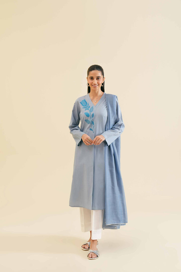 Blue 2 piece suit with embroidered leaf designs