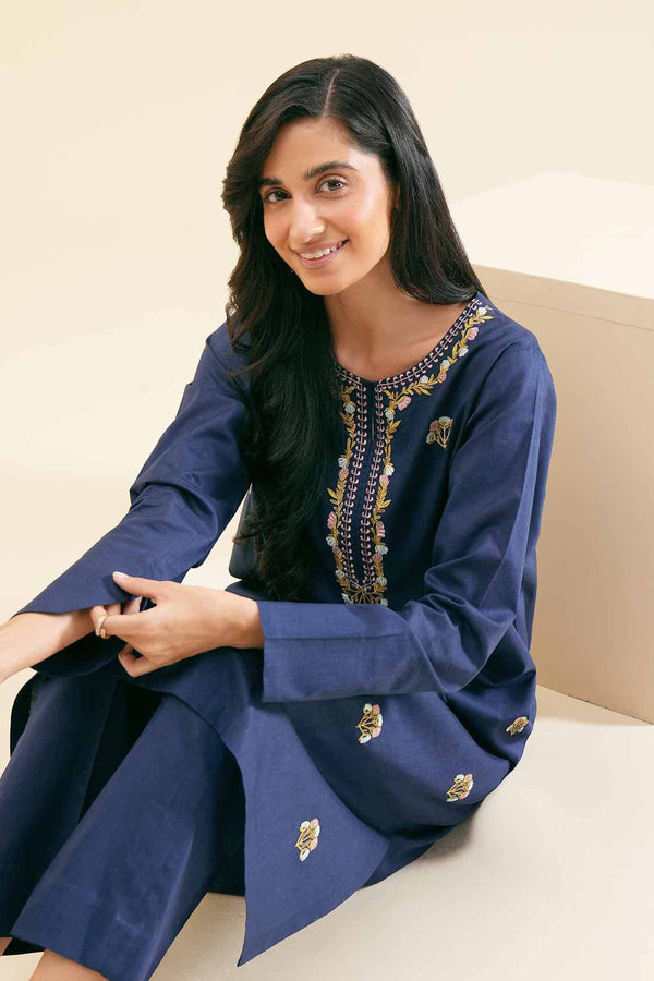 Stylish navy blue embroidered shirt set with matching trouser 