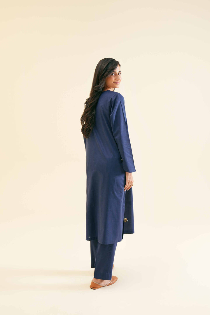 Stylish navy blue embroidered shirt set with matching trouser.