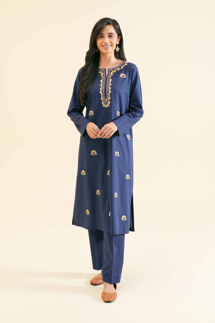 Stylish navy blue embroidered shirt set with matching trouser 