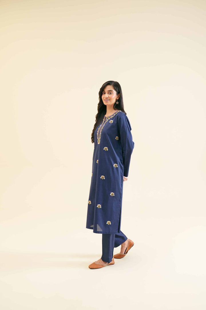 Stylish navy blue embroidered shirt set with matching trouser 