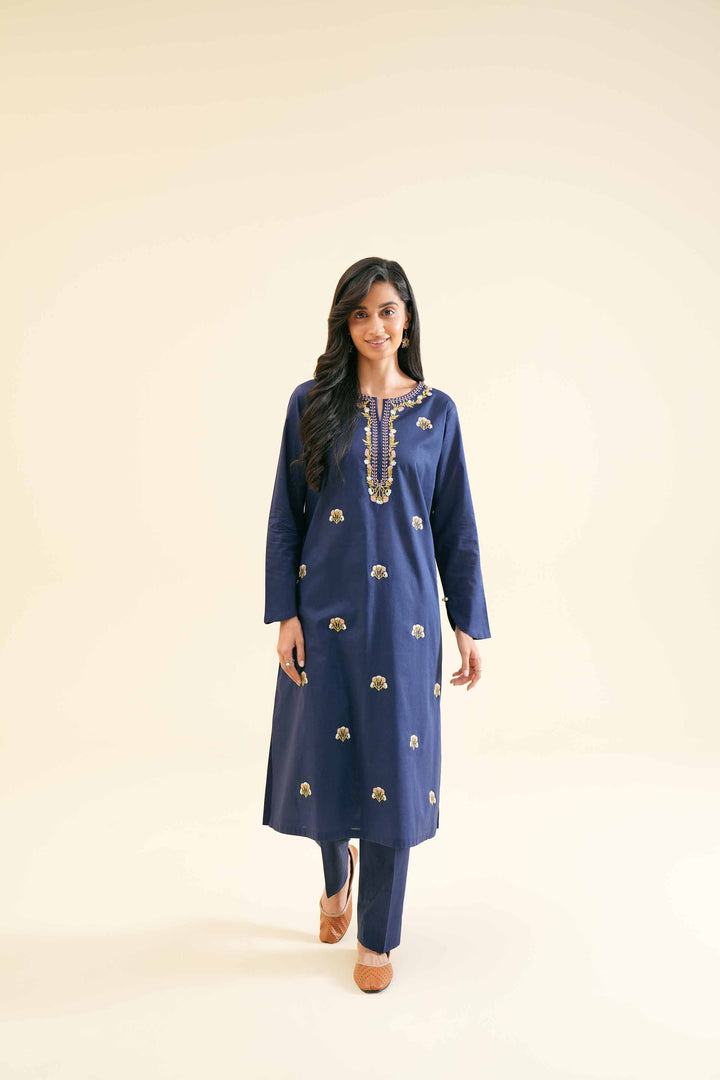 Stylish navy blue embroidered shirt set with matching trouser 