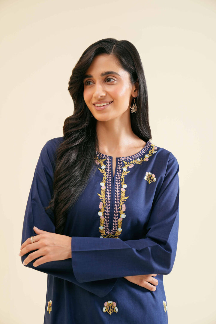 Stylish navy blue embroidered shirt set with matching trouser 