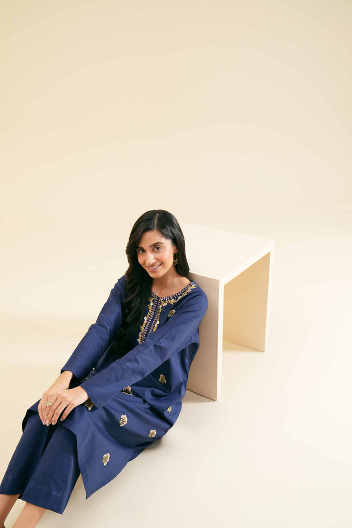 Stylish navy blue embroidered shirt set with matching trouser 