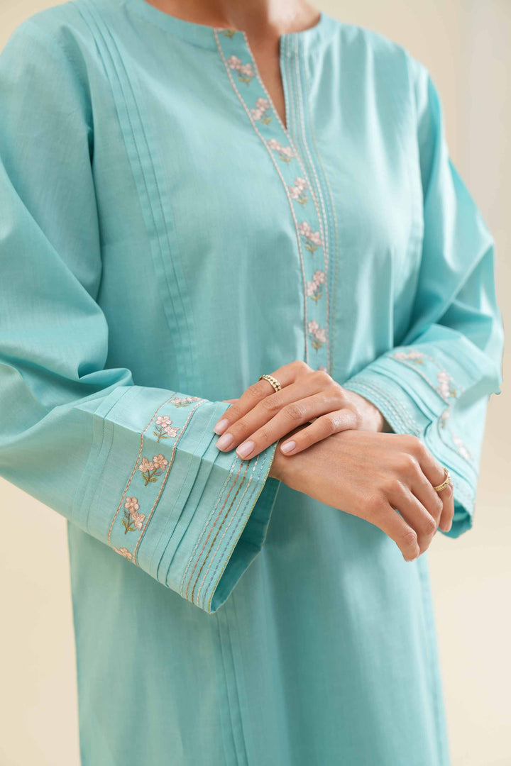 Stylish turquoise 2 piece embroidered solid suit 