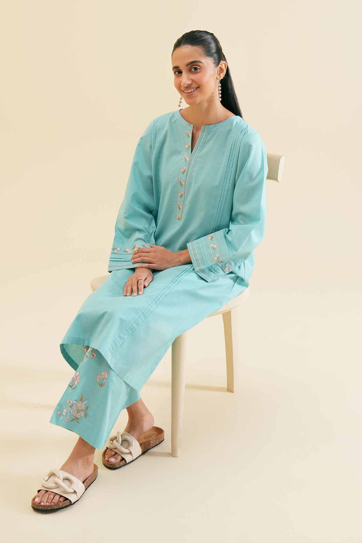 Stylish turquoise 2 piece embroidered solid suit 