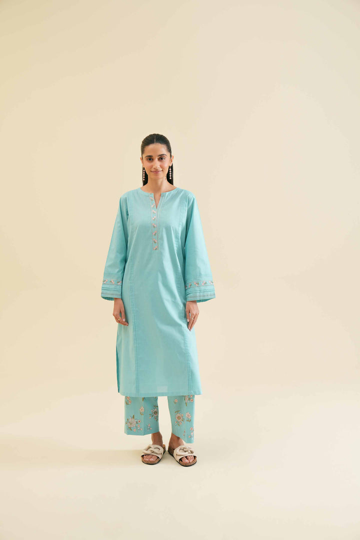 Stylish turquoise 2 piece embroidered solid suit 