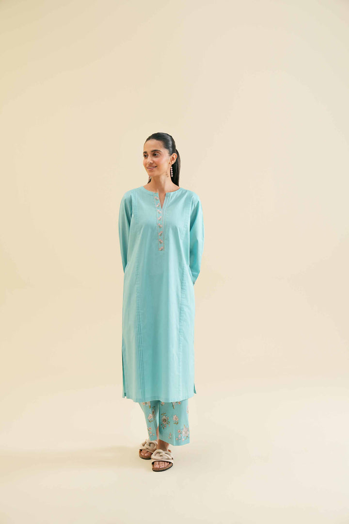 Stylish turquoise 2 piece embroidered solid suit 